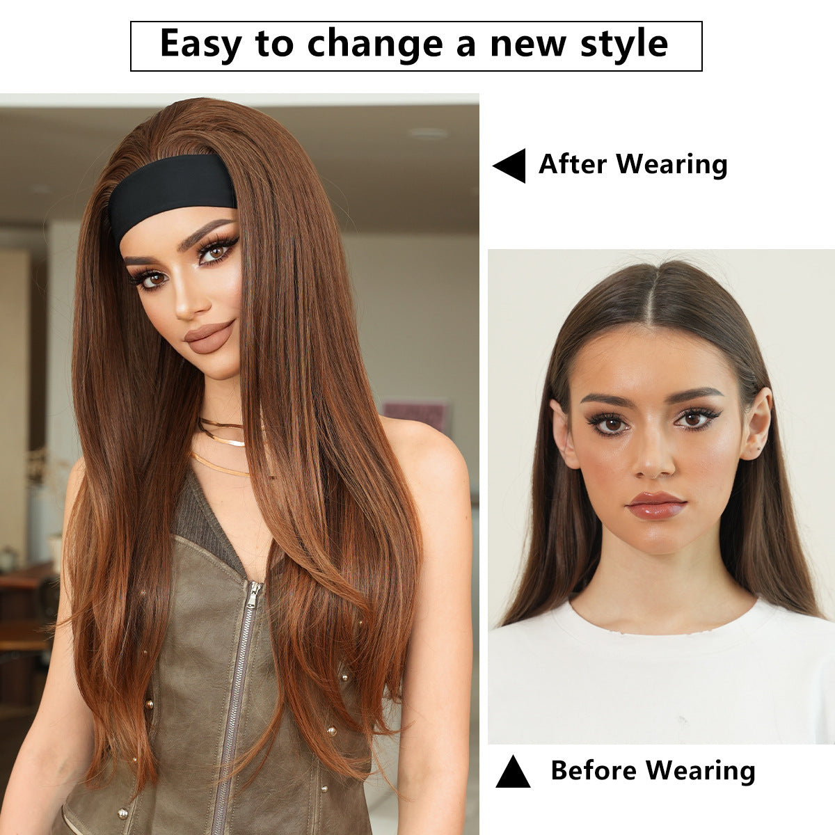 White Smoke Golden Brown Headband Wig - Street Fashion (Layered Straight) (FEVERCOS)