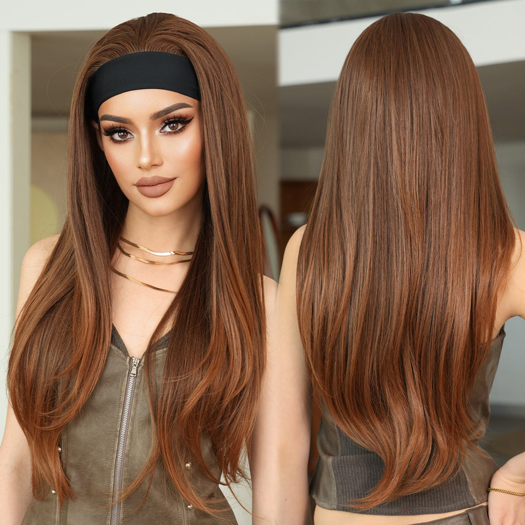 Dark Olive Green Golden Brown Headband Wig - Street Fashion (Layered Straight) (FEVERCOS)