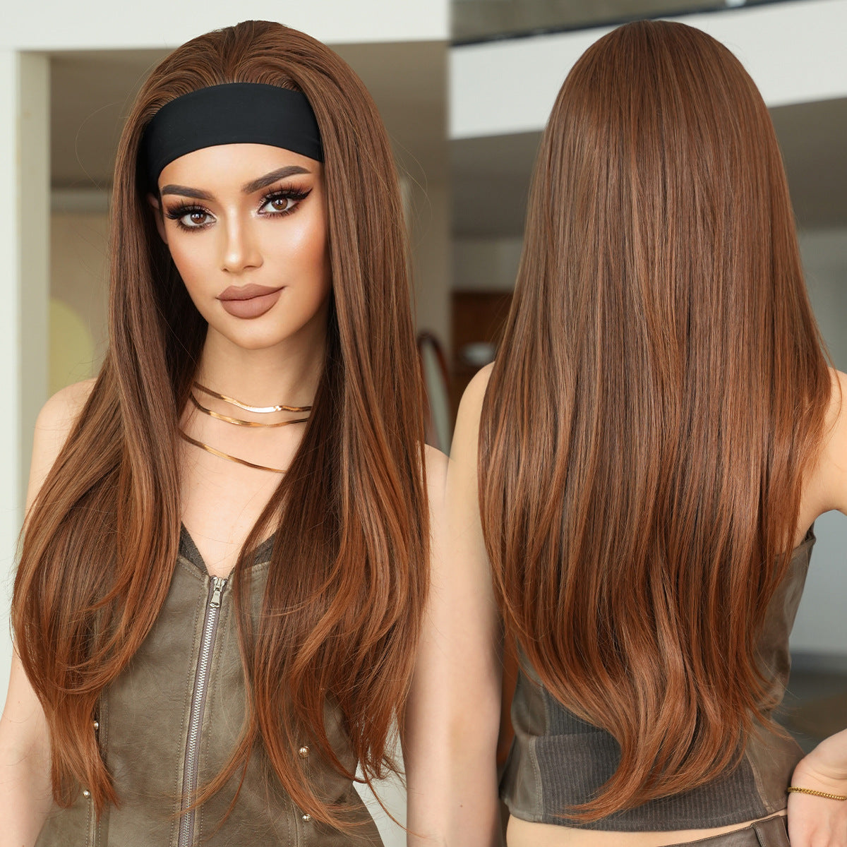 Dark Olive Green Golden Brown Headband Wig - Street Fashion (Layered Straight) (FEVERCOS)