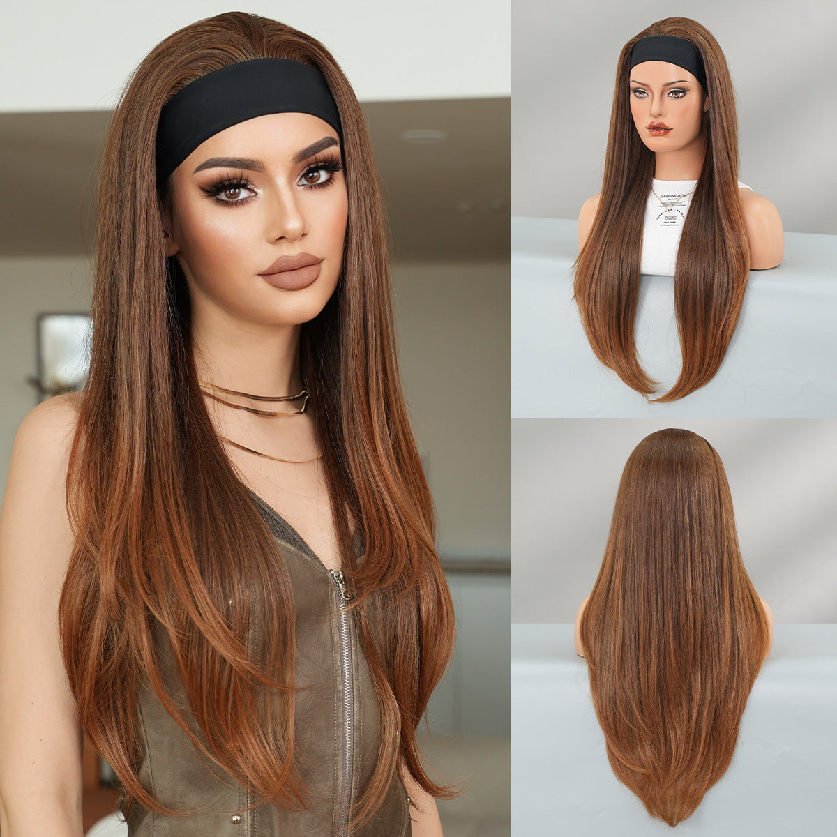 Dark Olive Green Golden Brown Headband Wig - Street Fashion (Layered Straight) (FEVERCOS)