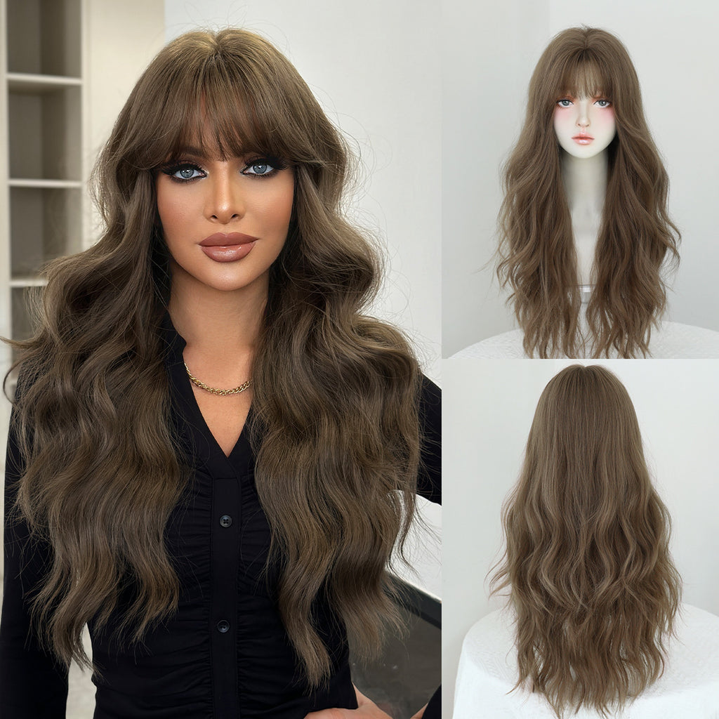 Light Gray Natural Mocha Brown Wavy Wig - Everyday Fashion (Long Curls Bangs) (FEVERCOS)