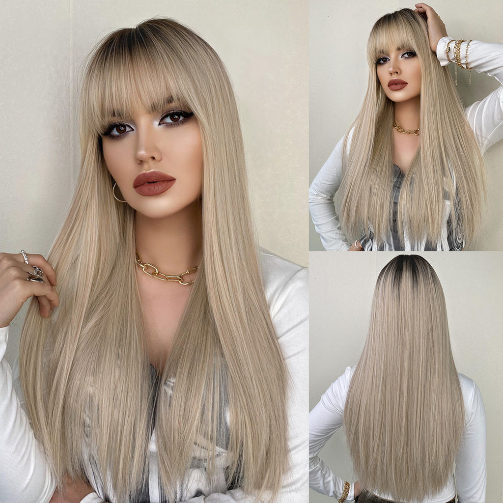 Rosy Brown 25-Inch Champagne Blonde Wig - Everyday Fashion (Long Straight Bangs) (FEVERCOS)