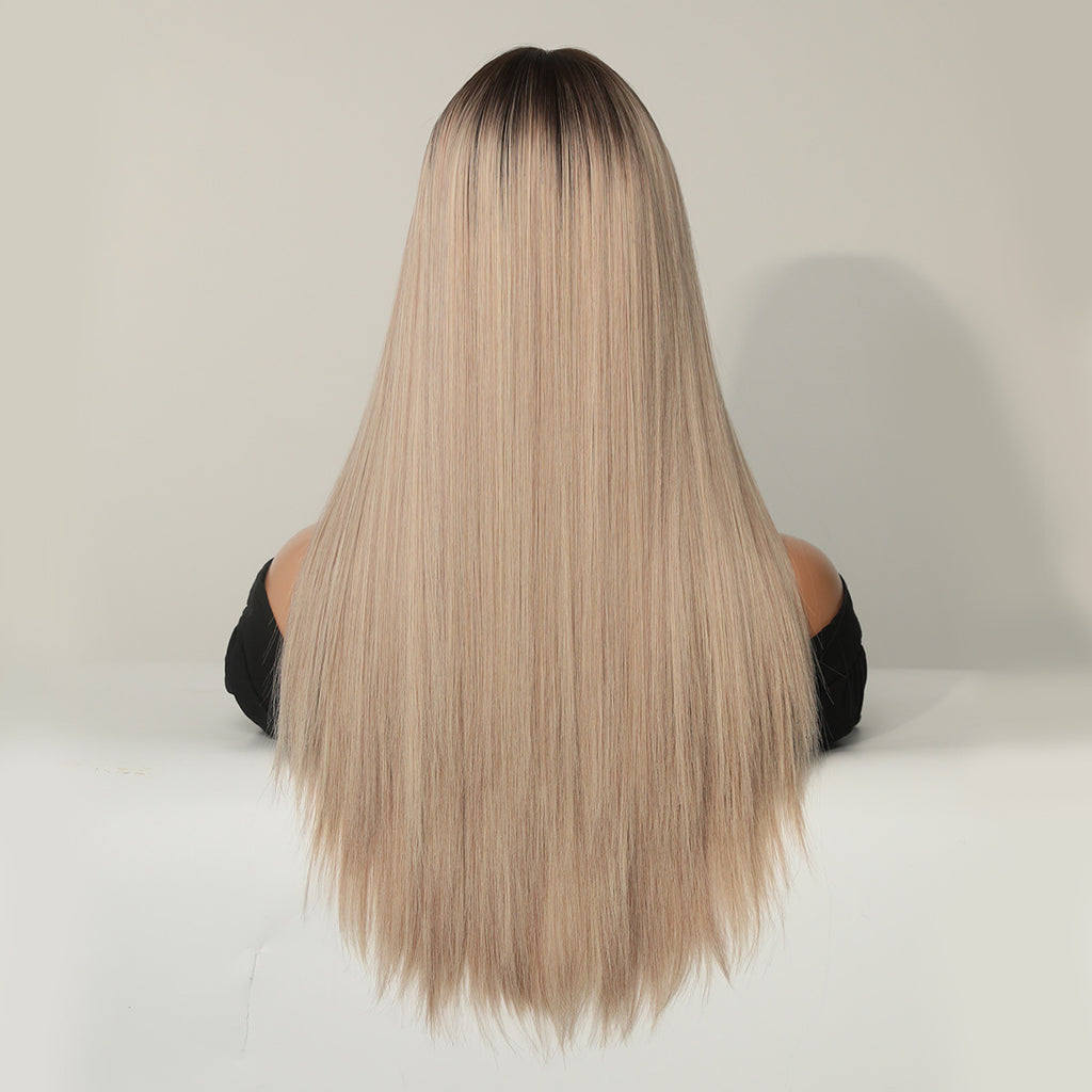 Light Gray 25-Inch Champagne Blonde Wig - Everyday Fashion (Long Straight Bangs) (FEVERCOS)