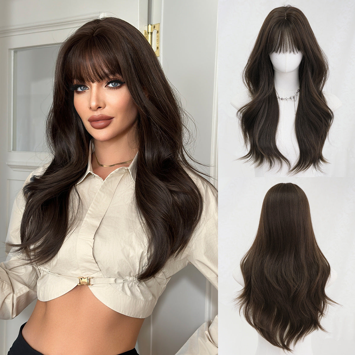 Lavender Natural Mocha Brown Wavy Wig - Everyday Fashion (Long Curls Bangs) (FEVERCOS)