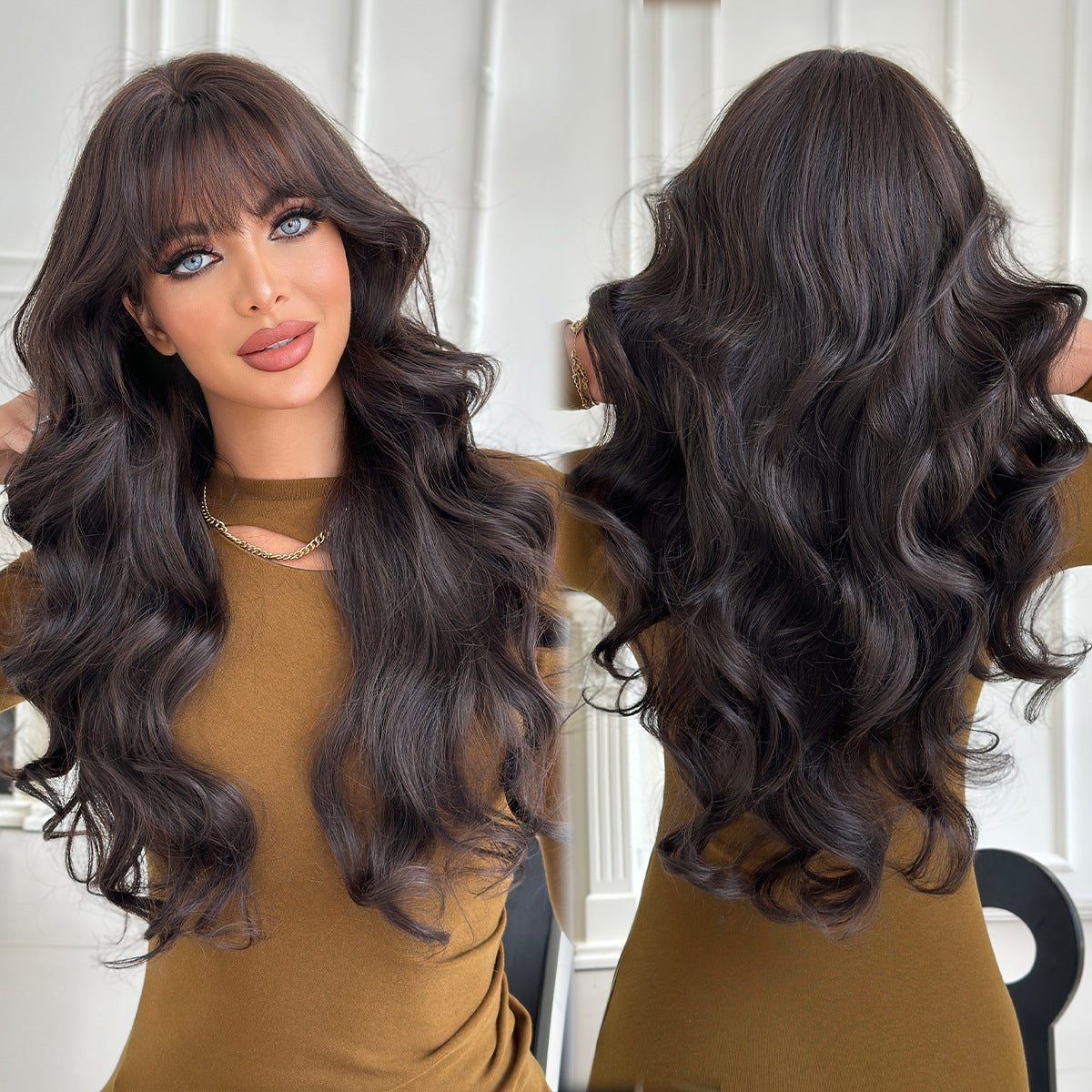 Dark Slate Gray Natural Mocha Brown Wavy Wig - Everyday Fashion (Long Curls Bangs) (FEVERCOS)