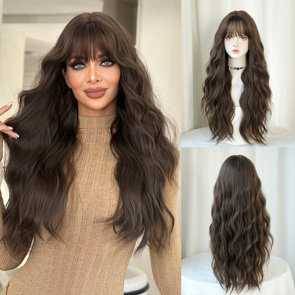 Dark Slate Gray Natural Mocha Brown Wavy Wig - Everyday Fashion (Long Curls Bangs) (FEVERCOS)