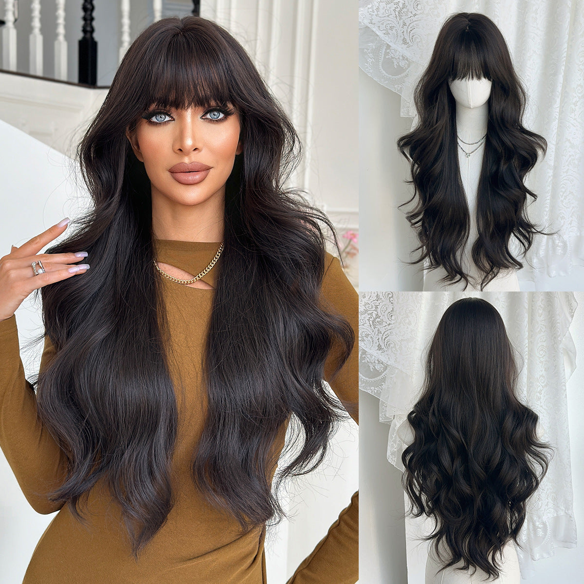 Dark Slate Gray Natural Mocha Brown Wavy Wig - Everyday Fashion (Long Curls Bangs) (FEVERCOS)
