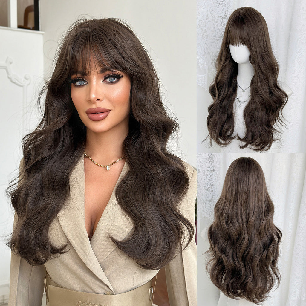 Light Gray Natural Mocha Brown Wavy Wig - Everyday Fashion (Long Curls Bangs) (FEVERCOS)