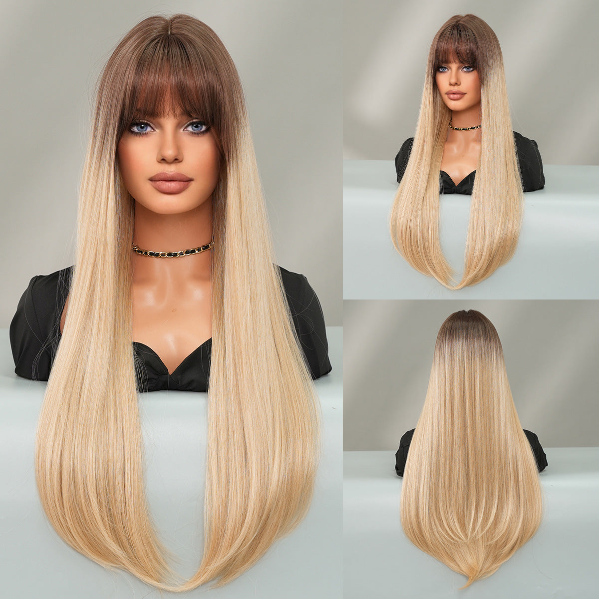 Dark Gray Mocha Brown Layered Straight Wig - Everyday Fashion (Inward Curve Bangs) (FEVERCOS)