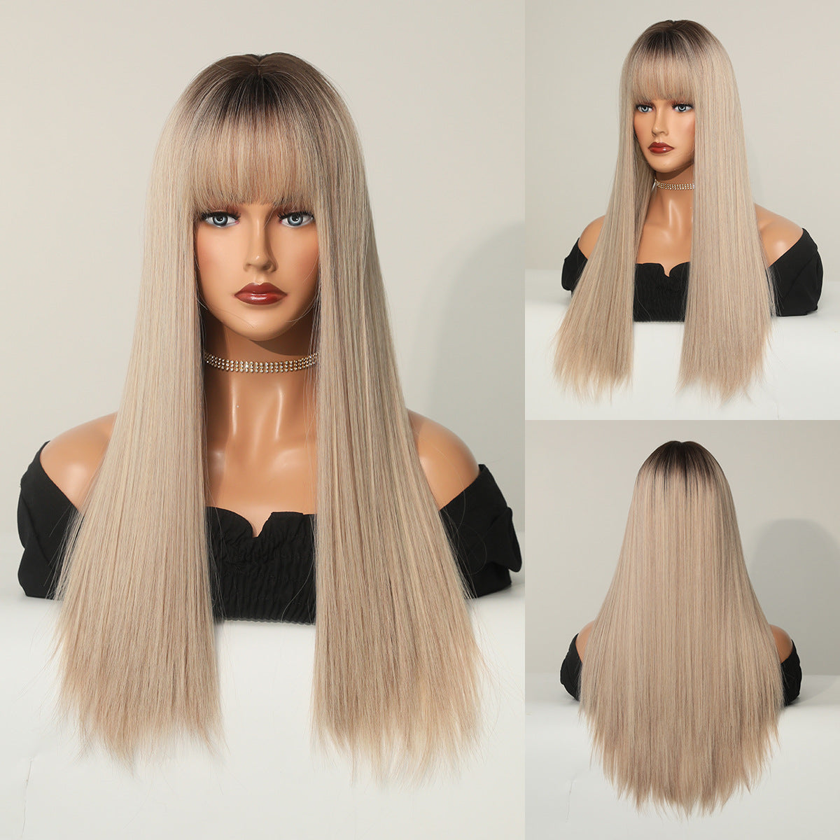 Light Gray 25-Inch Champagne Blonde Wig - Everyday Fashion (Long Straight Bangs) (FEVERCOS)