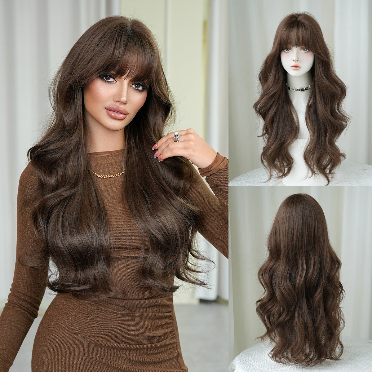 Gray Natural Mocha Brown Wavy Wig - Everyday Fashion (Long Curls Bangs) (FEVERCOS)