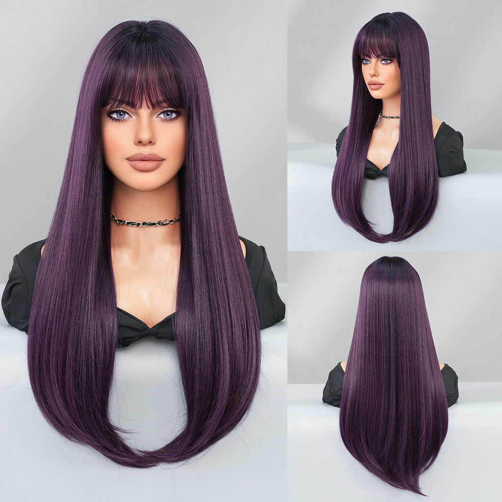 Gray Mocha Brown Layered Straight Wig - Everyday Fashion (Inward Curve Bangs) (FEVERCOS)