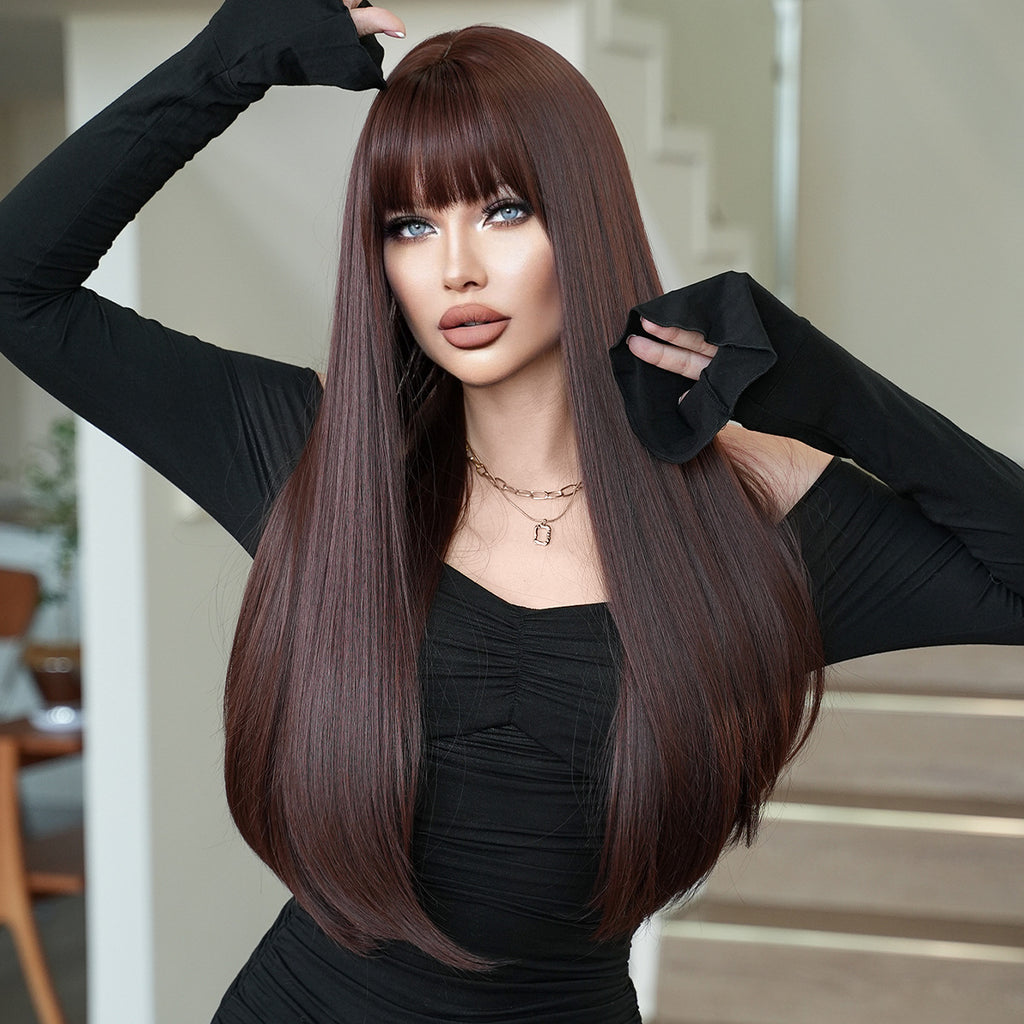 Black Mocha Brown Layered Straight Wig - Everyday Fashion (Inward Curve Bangs) (FEVERCOS)
