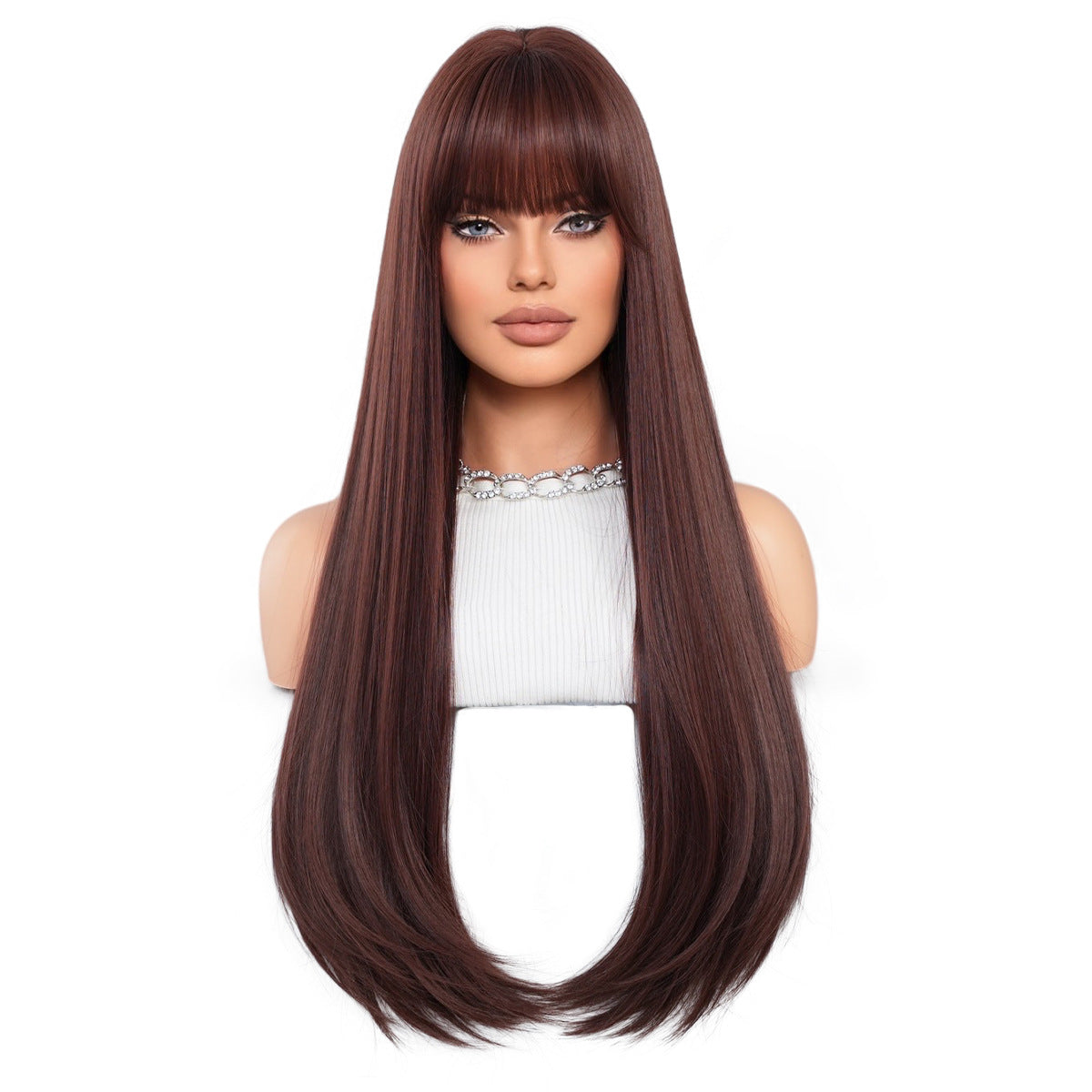 White Smoke Mocha Brown Layered Straight Wig - Everyday Fashion (Inward Curve Bangs) (FEVERCOS)