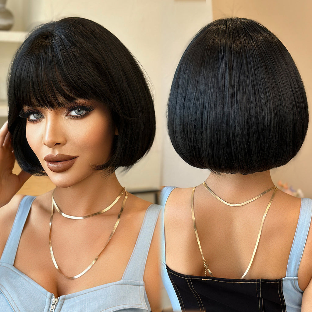 Black Black Ultra-Short Bob Wig - Everyday Fashion (Layered Inward Bangs) (FEVERCOS)
