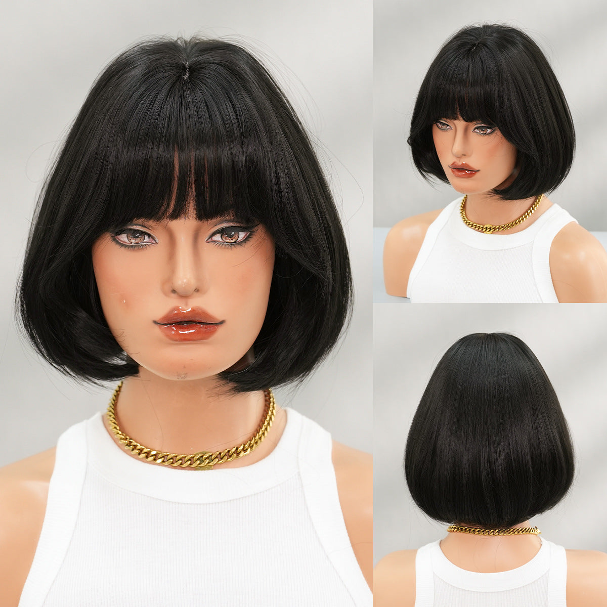 White Smoke Black Ultra-Short Bob Wig - Everyday Fashion (Layered Inward Bangs) (FEVERCOS)
