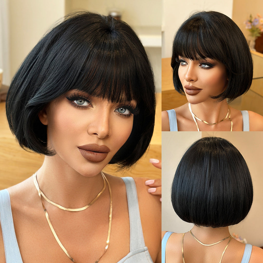 Dark Slate Gray Black Ultra-Short Bob Wig - Everyday Fashion (Layered Inward Bangs) (FEVERCOS)