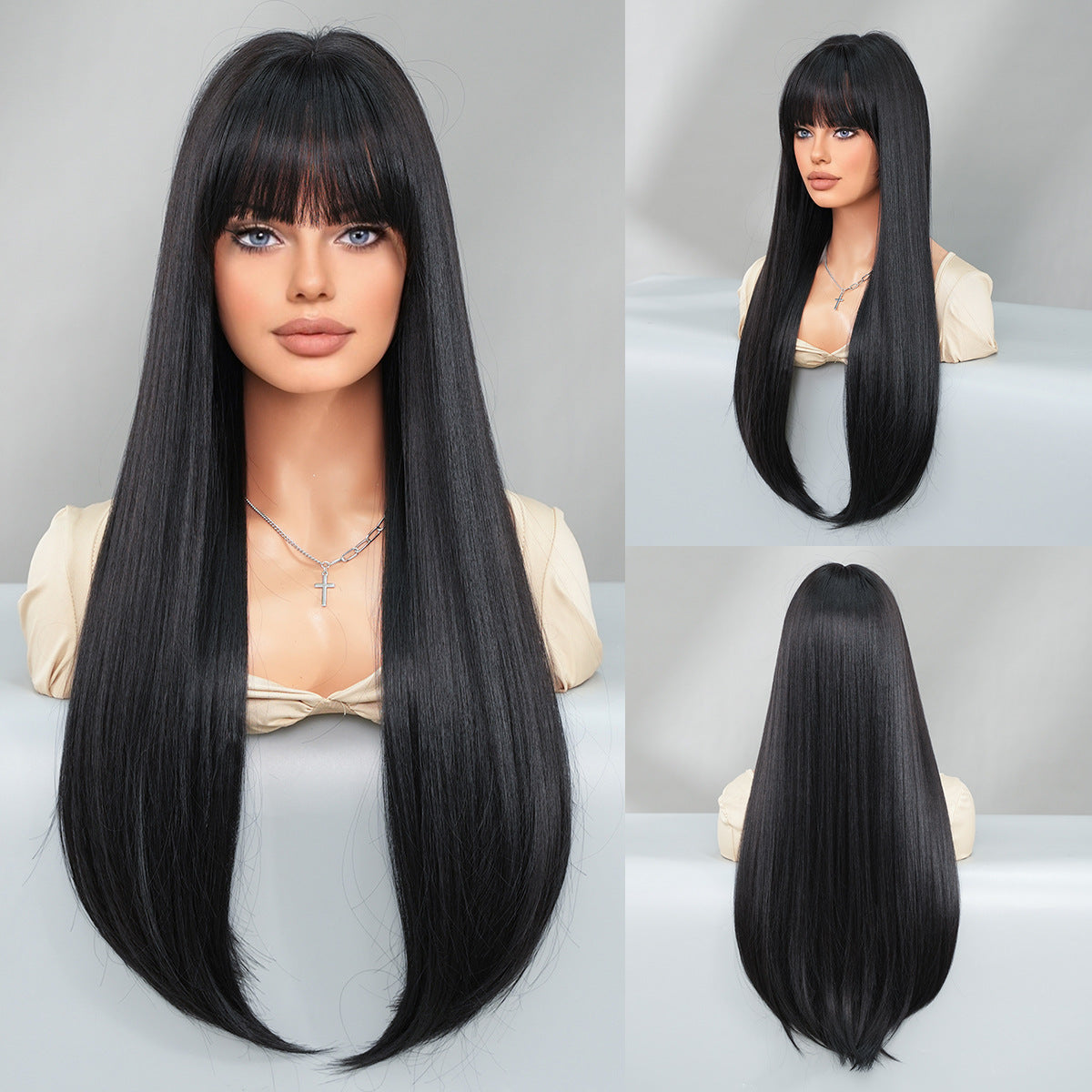 Gray Mocha Brown Layered Straight Wig - Everyday Fashion (Inward Curve Bangs) (FEVERCOS)