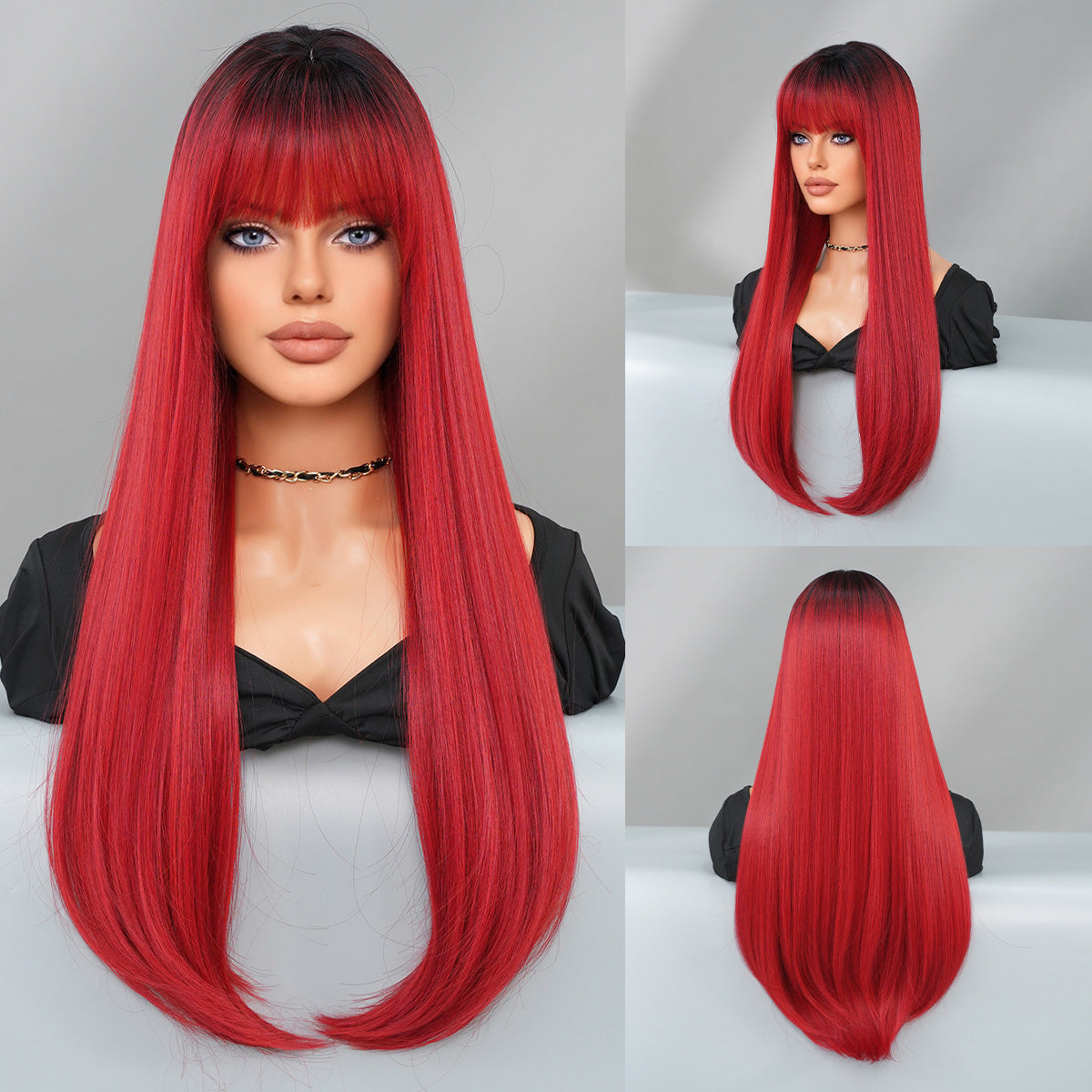 Gray Mocha Brown Layered Straight Wig - Everyday Fashion (Inward Curve Bangs) (FEVERCOS)