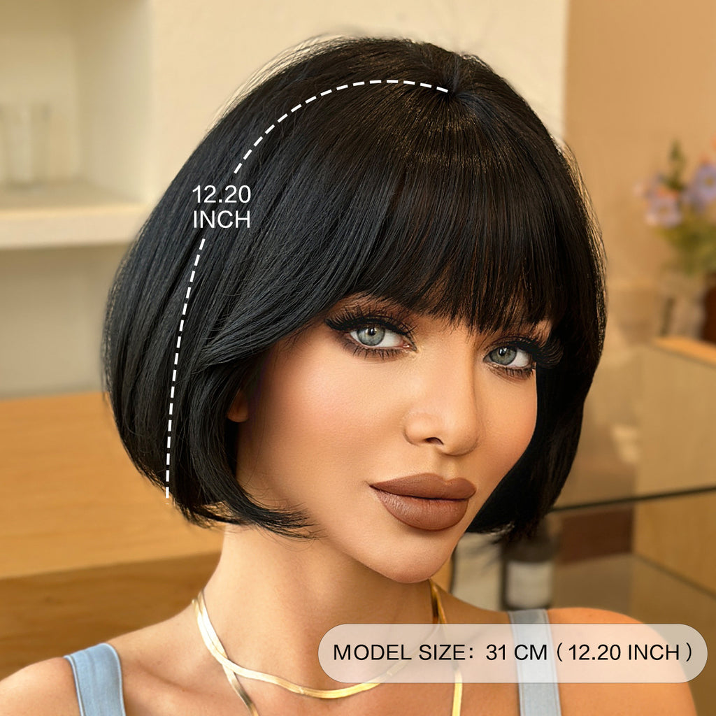 Black Black Ultra-Short Bob Wig - Everyday Fashion (Layered Inward Bangs) (FEVERCOS)