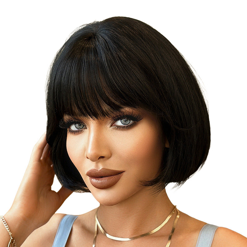 White Smoke Black Ultra-Short Bob Wig - Everyday Fashion (Layered Inward Bangs) (FEVERCOS)