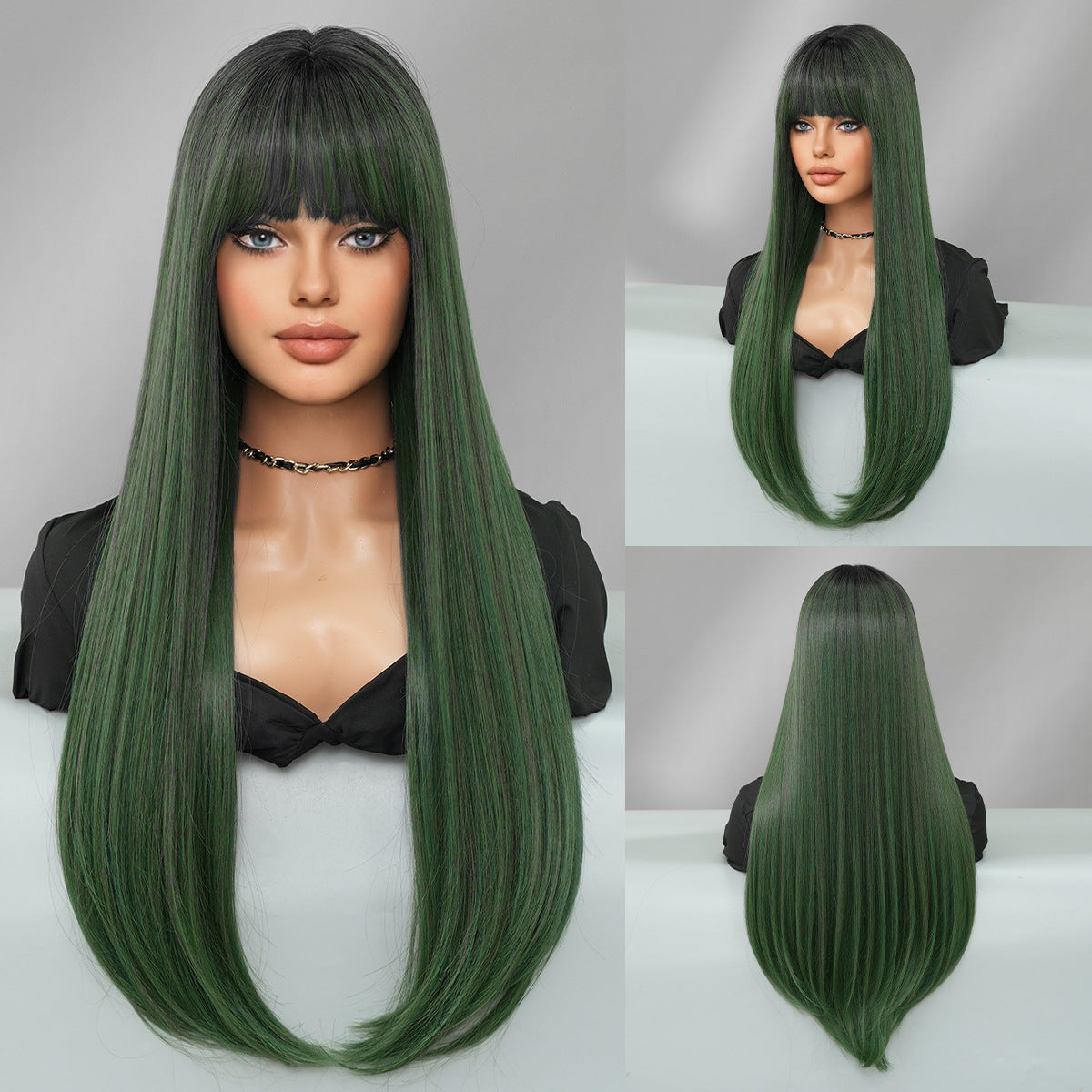 Dark Gray Mocha Brown Layered Straight Wig - Everyday Fashion (Inward Curve Bangs) (FEVERCOS)