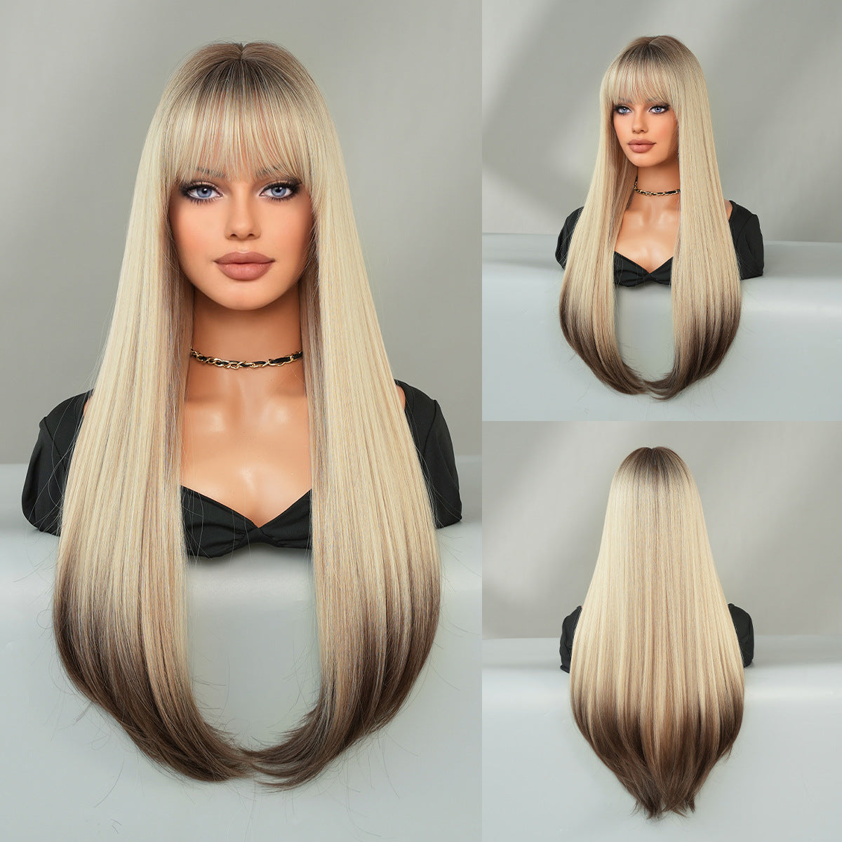 Dark Gray Mocha Brown Layered Straight Wig - Everyday Fashion (Inward Curve Bangs) (FEVERCOS)