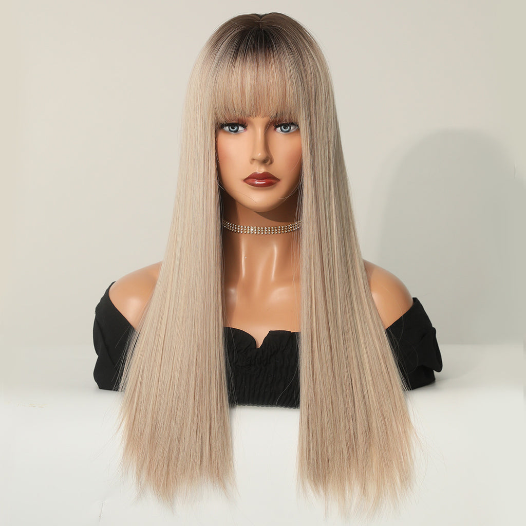 Light Gray 25-Inch Champagne Blonde Wig - Everyday Fashion (Long Straight Bangs) (FEVERCOS)