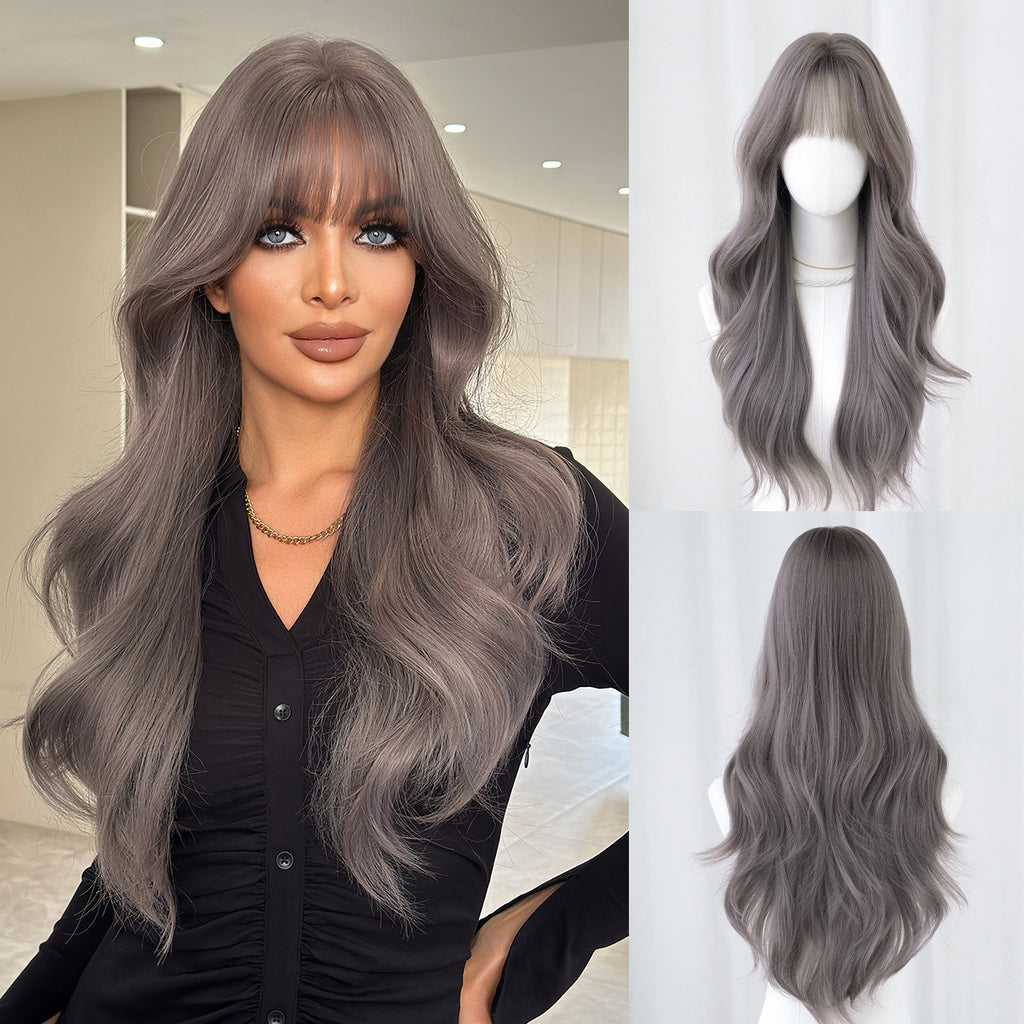 Lavender Natural Mocha Brown Wavy Wig - Everyday Fashion (Long Curls Bangs) (FEVERCOS)