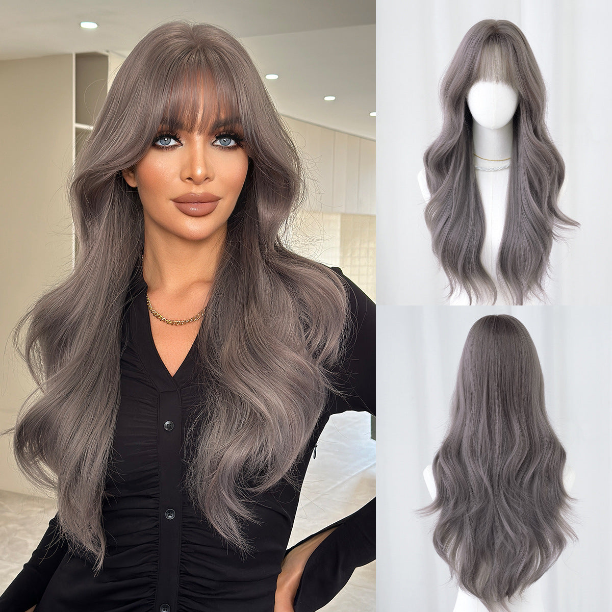 Lavender Natural Mocha Brown Wavy Wig - Everyday Fashion (Long Curls Bangs) (FEVERCOS)