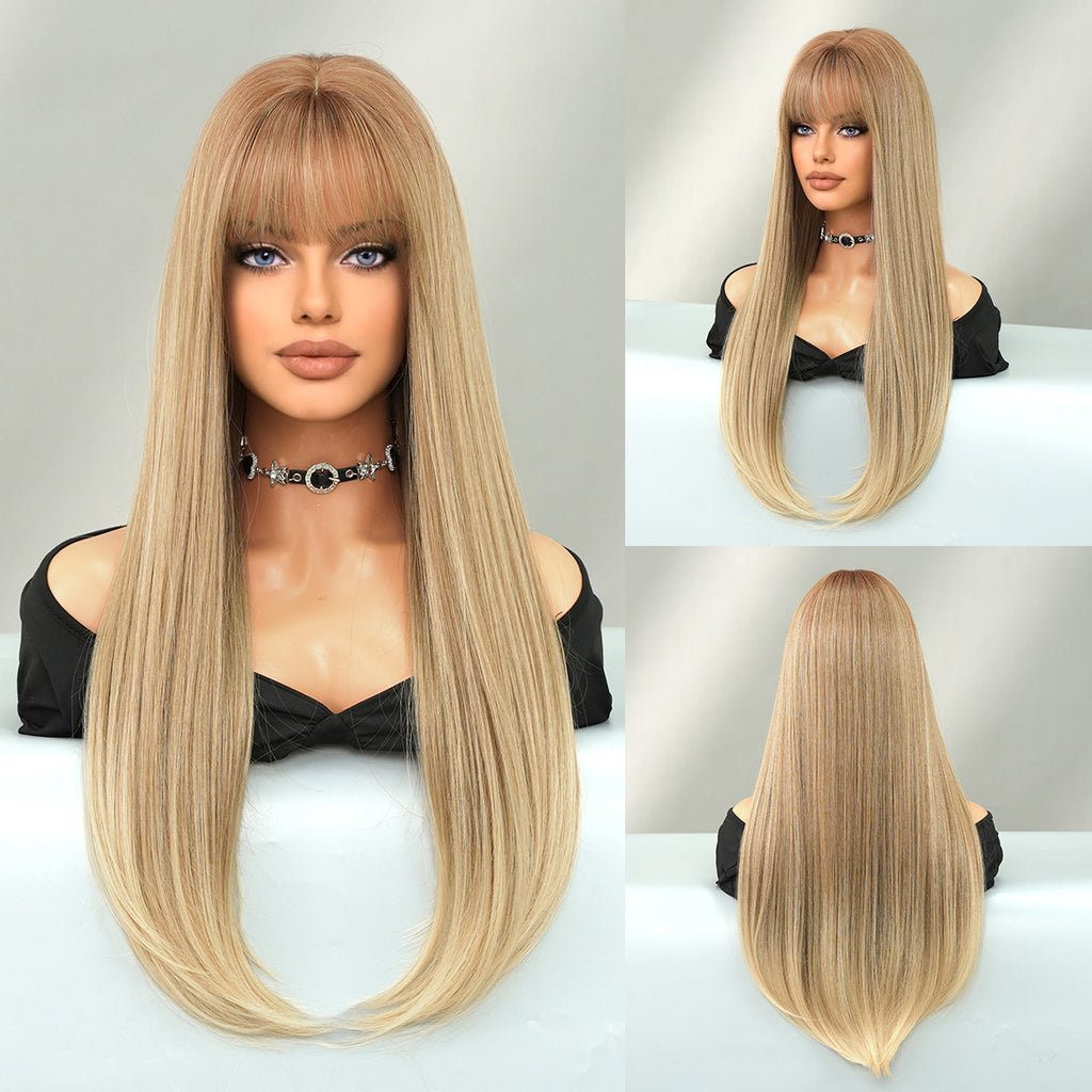 Gray Mocha Brown Layered Straight Wig - Everyday Fashion (Inward Curve Bangs) (FEVERCOS)