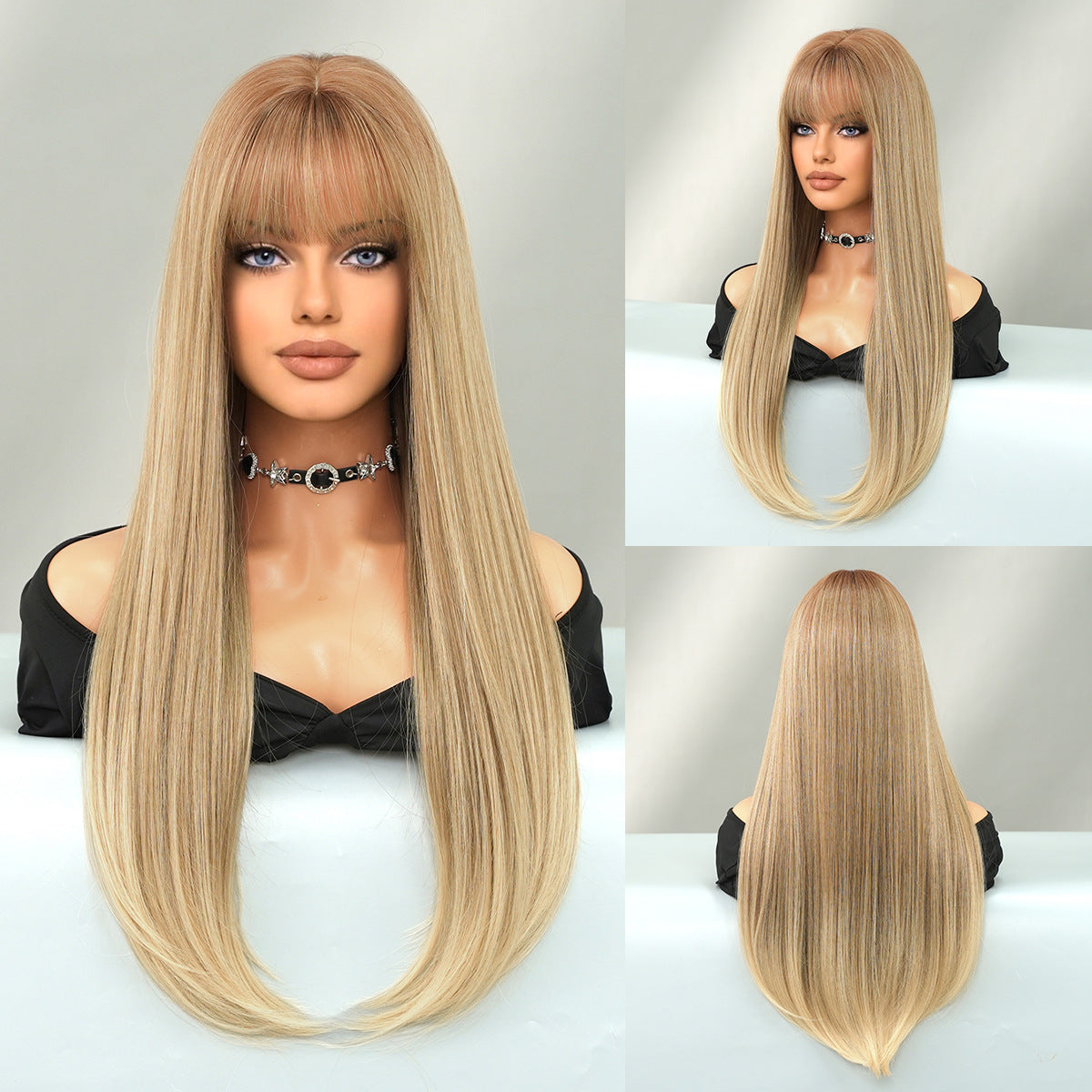 Gray Mocha Brown Layered Straight Wig - Everyday Fashion (Inward Curve Bangs) (FEVERCOS)