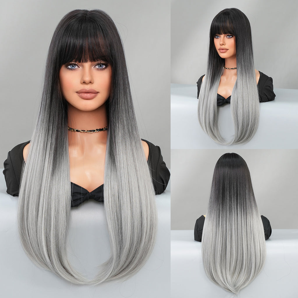 Gray Mocha Brown Layered Straight Wig - Everyday Fashion (Inward Curve Bangs) (FEVERCOS)
