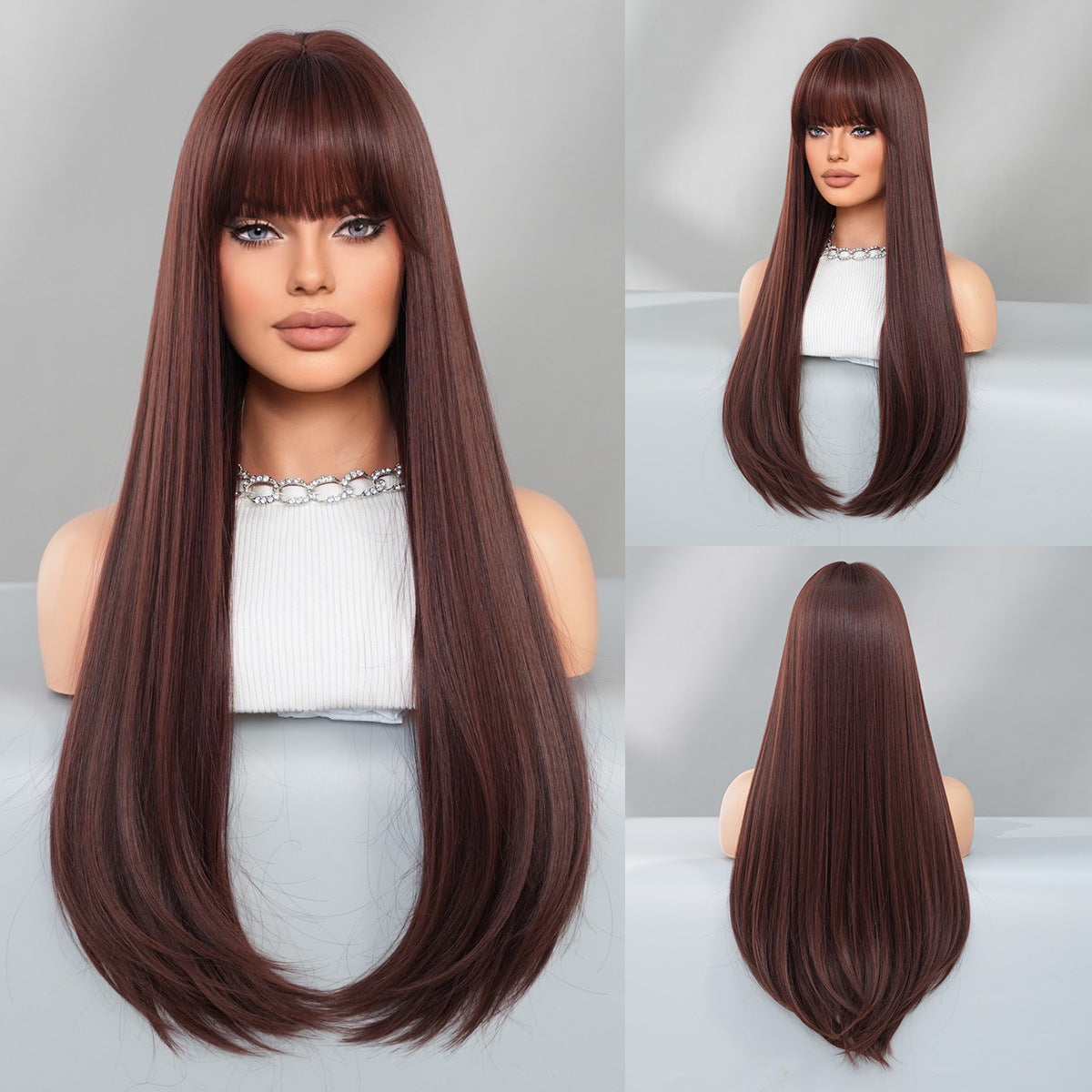 Gray Mocha Brown Layered Straight Wig - Everyday Fashion (Inward Curve Bangs) (FEVERCOS)