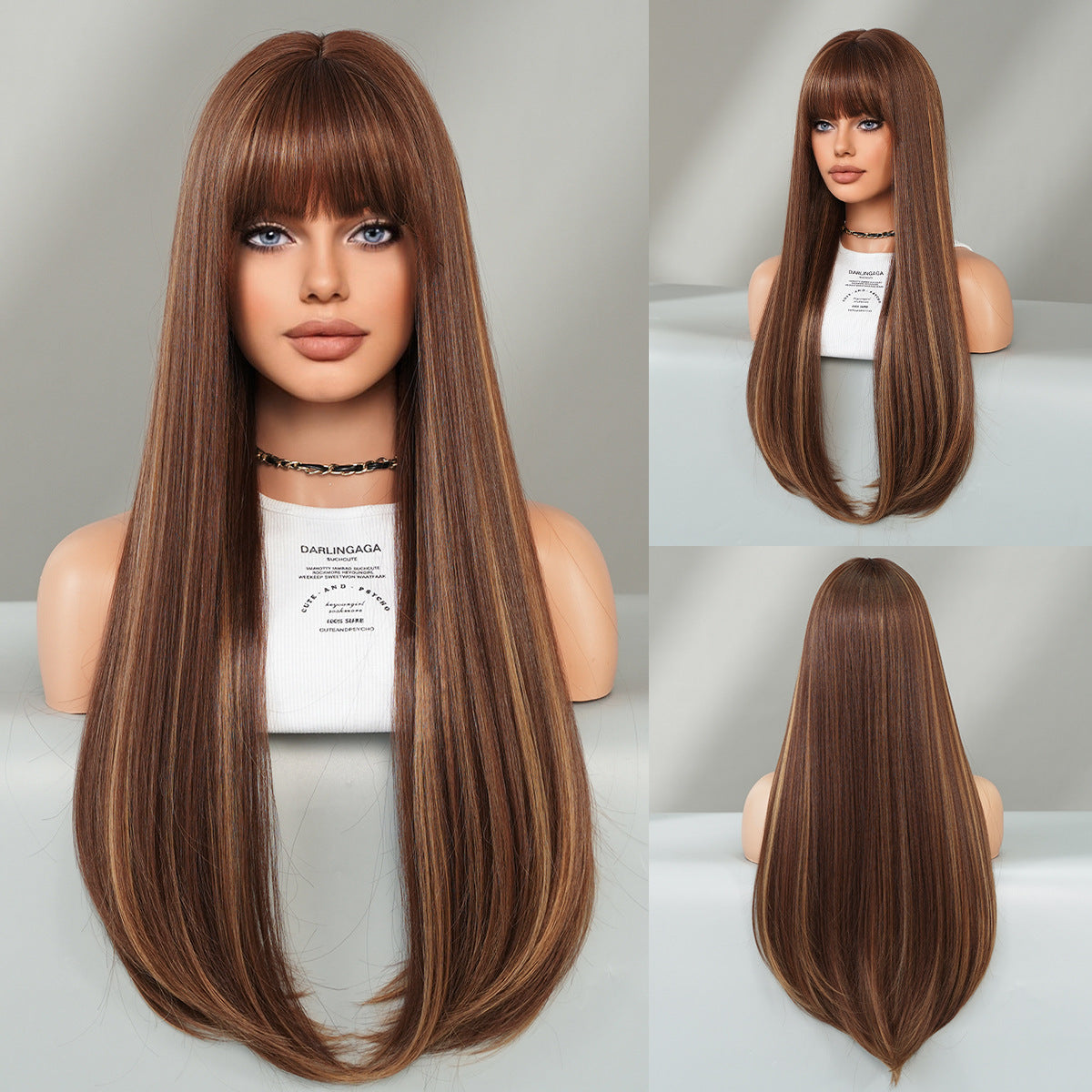 Gray Mocha Brown Layered Straight Wig - Everyday Fashion (Inward Curve Bangs) (FEVERCOS)