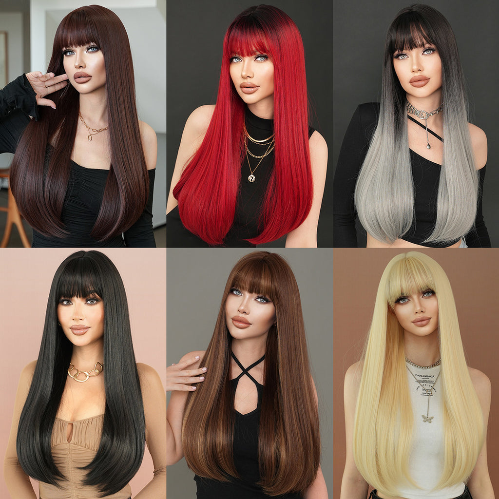 Dark Slate Gray Mocha Brown Layered Straight Wig - Everyday Fashion (Inward Curve Bangs) (FEVERCOS)