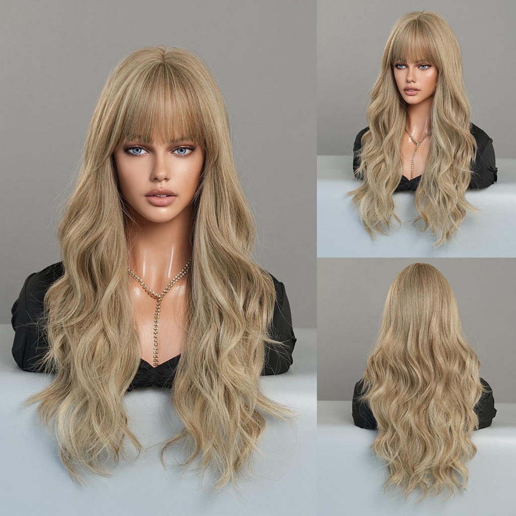 Dark Gray Light Brown Long Wavy Wig - Everyday Fashion (Fluffy Bangs) (FEVERCOS)