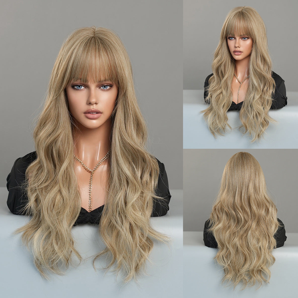 Dark Gray Light Brown Long Wavy Wig - Everyday Fashion (Fluffy Bangs) (FEVERCOS)