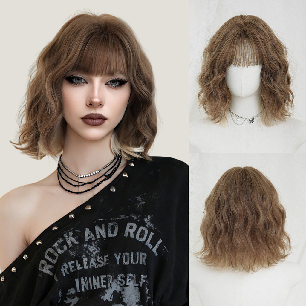 Light Gray 12-Inch Milk Tea Brown Bob - Everyday Fashion (Wavy Collarbone Bangs) (FEVERCOS)