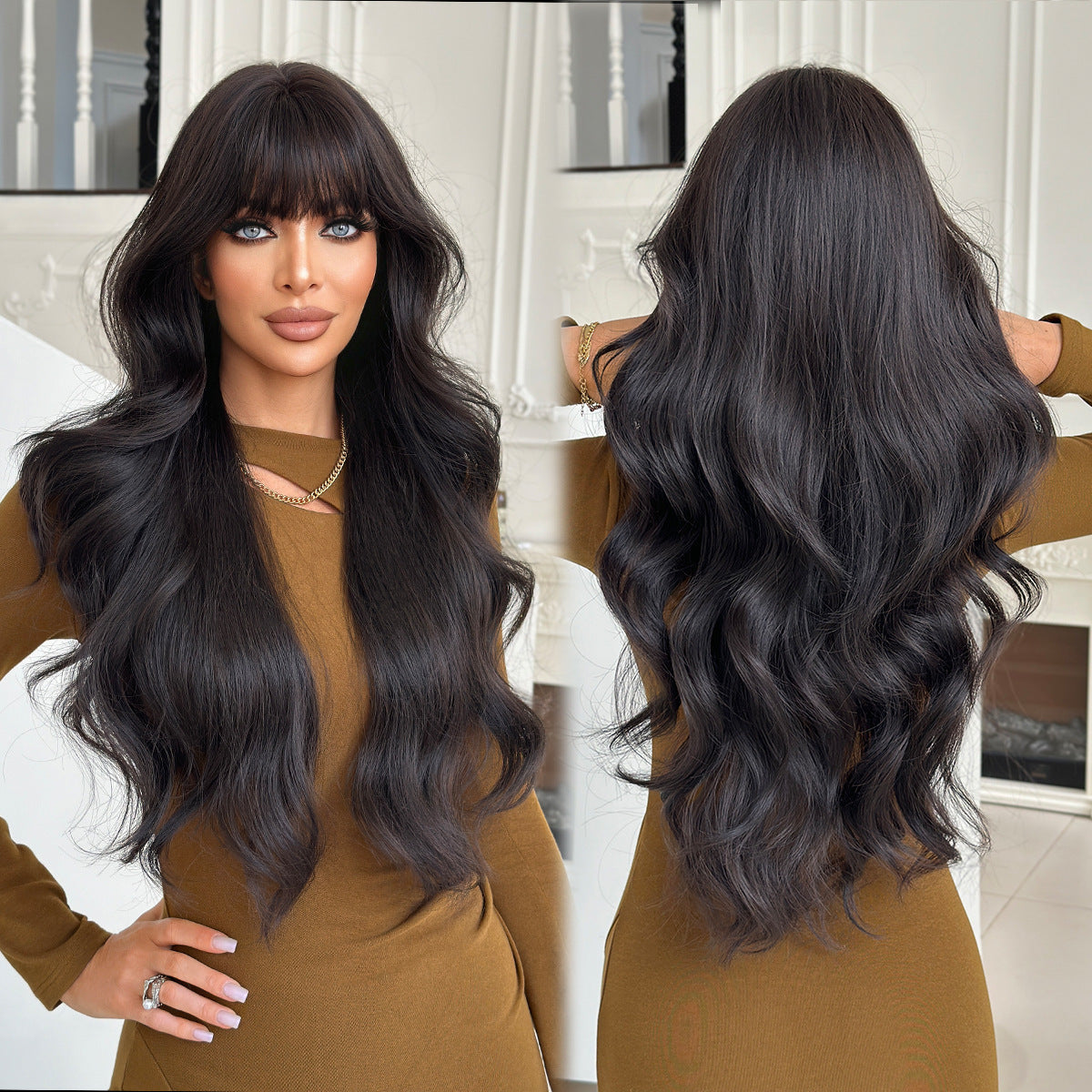 Dark Slate Gray Natural Mocha Brown Wavy Wig - Everyday Fashion (Long Curls Bangs) (FEVERCOS)