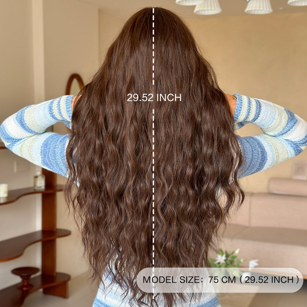 Rosy Brown Tea Brown Long Wavy Wig - Everyday Fashion (Side Part Deep Wave) (FEVERCOS)