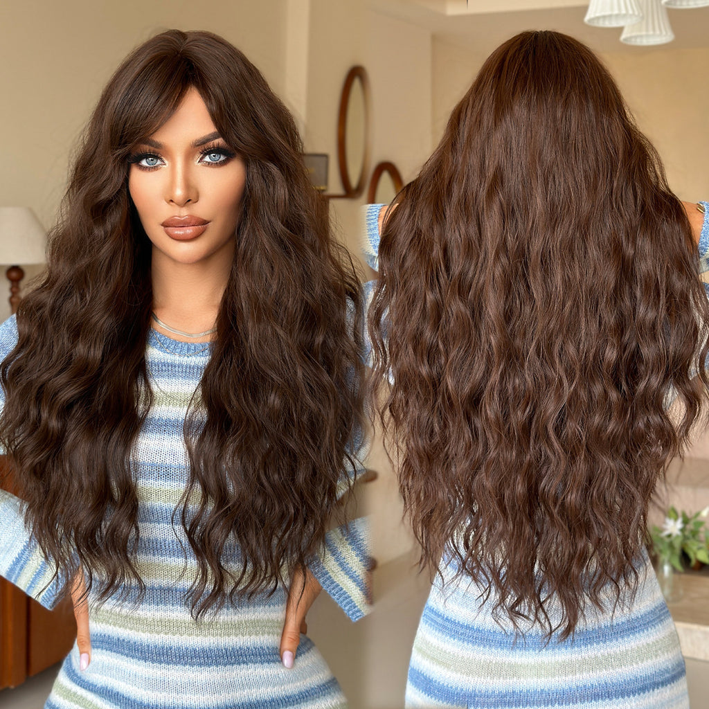 Dark Olive Green Tea Brown Long Wavy Wig - Everyday Fashion (Side Part Deep Wave) (FEVERCOS)