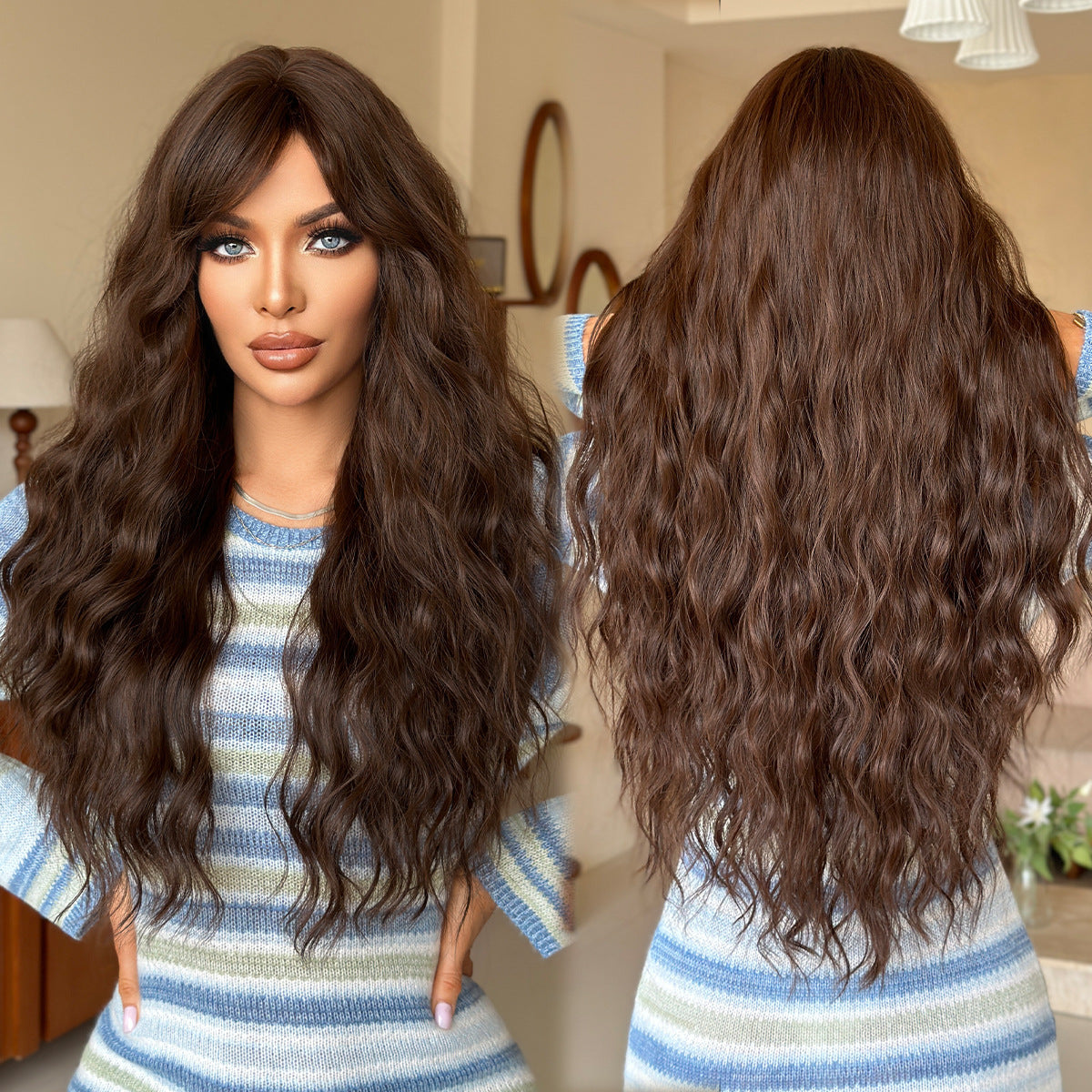 Dark Olive Green Tea Brown Long Wavy Wig - Everyday Fashion (Side Part Deep Wave) (FEVERCOS)