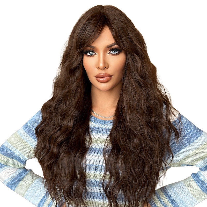 White Smoke Tea Brown Long Wavy Wig - Everyday Fashion (Side Part Deep Wave) (FEVERCOS)
