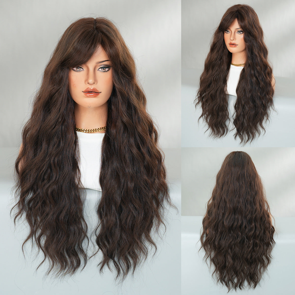 Gray Tea Brown Long Wavy Wig - Everyday Fashion (Side Part Deep Wave) (FEVERCOS)
