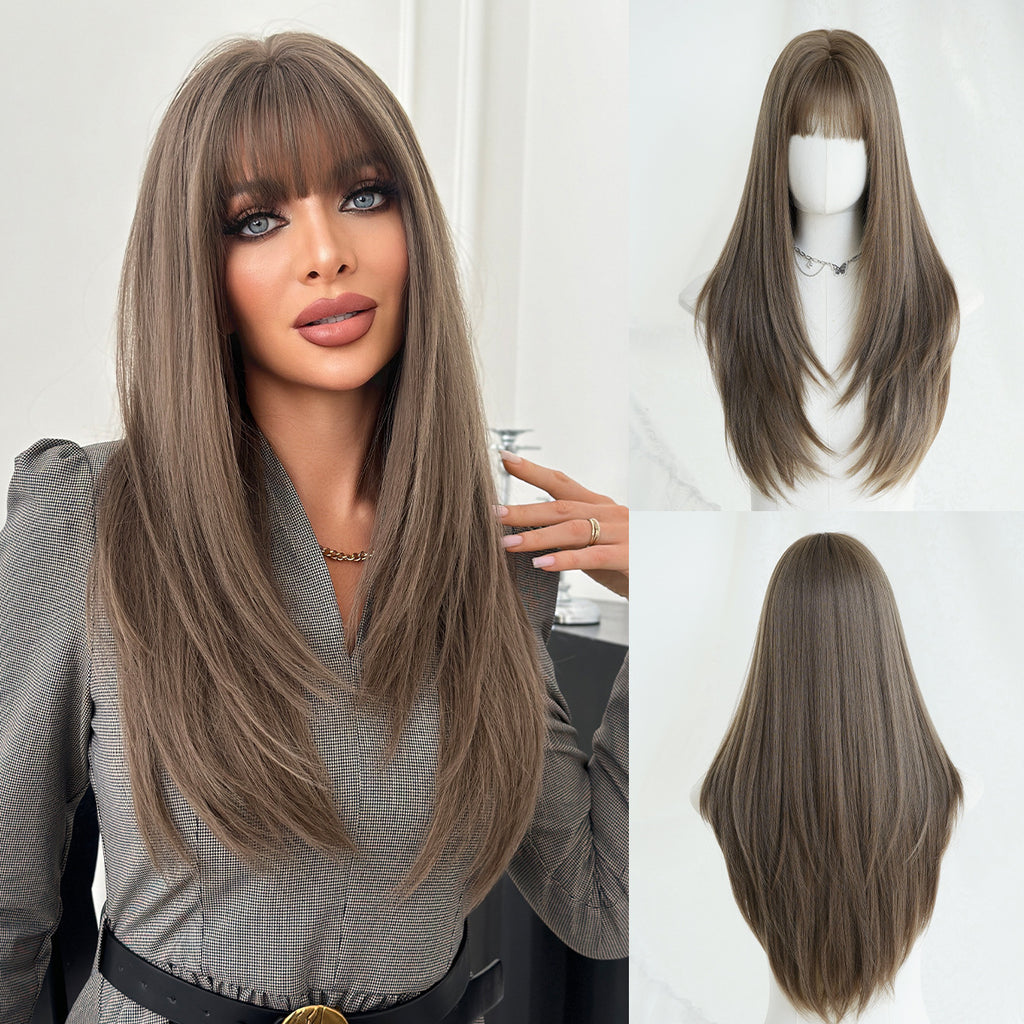Lavender Tea Brown Layered Straight Wig - Everyday Fashion (Inward Curve Bangs) (FEVERCOS)