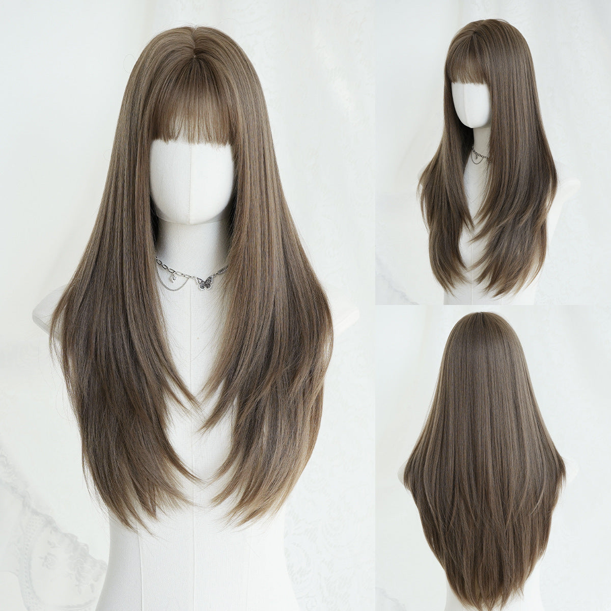 Lavender Tea Brown Layered Straight Wig - Everyday Fashion (Inward Curve Bangs) (FEVERCOS)