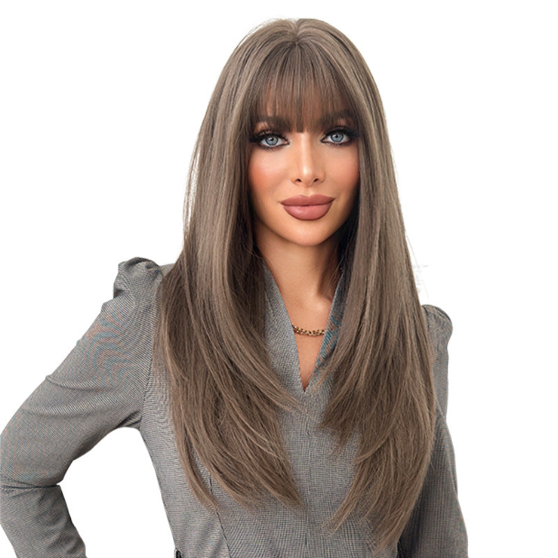 White Smoke Tea Brown Layered Straight Wig - Everyday Fashion (Inward Curve Bangs) (FEVERCOS)