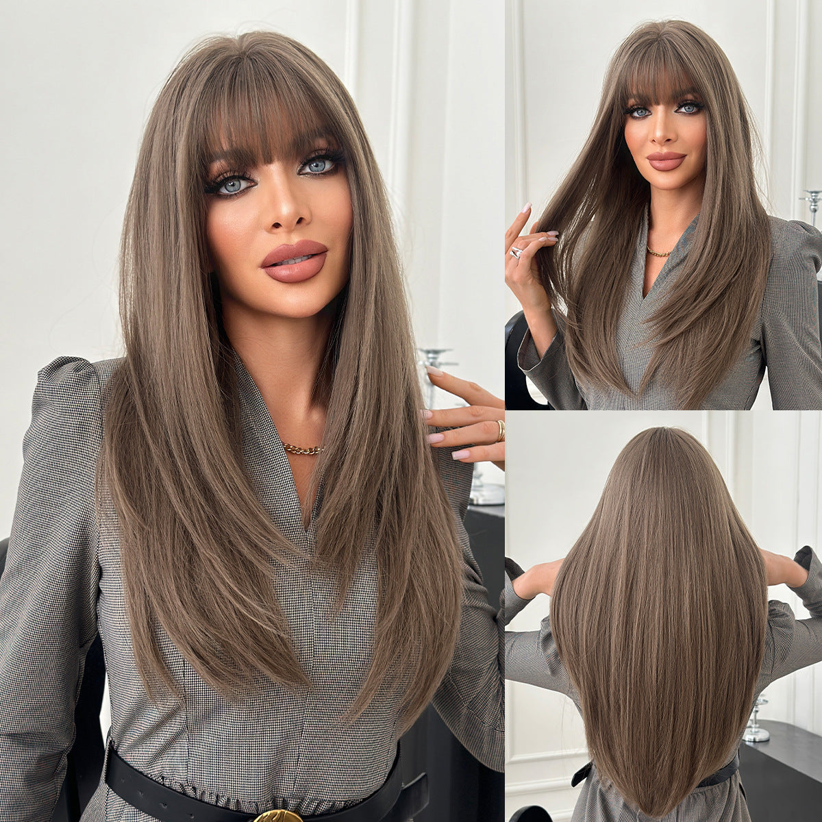 Light Gray Tea Brown Layered Straight Wig - Everyday Fashion (Inward Curve Bangs) (FEVERCOS)