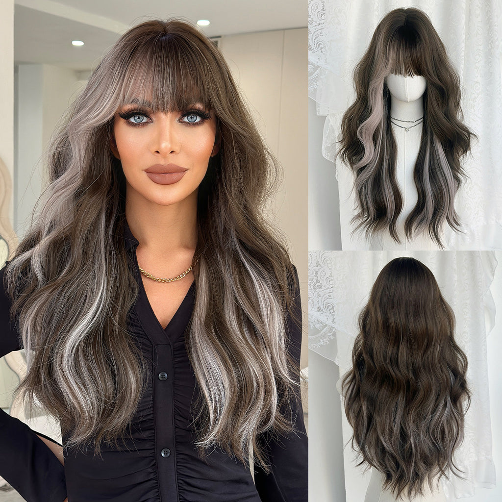 Light Gray Natural Mocha Brown Wavy Wig - Everyday Fashion (Long Curls Bangs) (FEVERCOS)